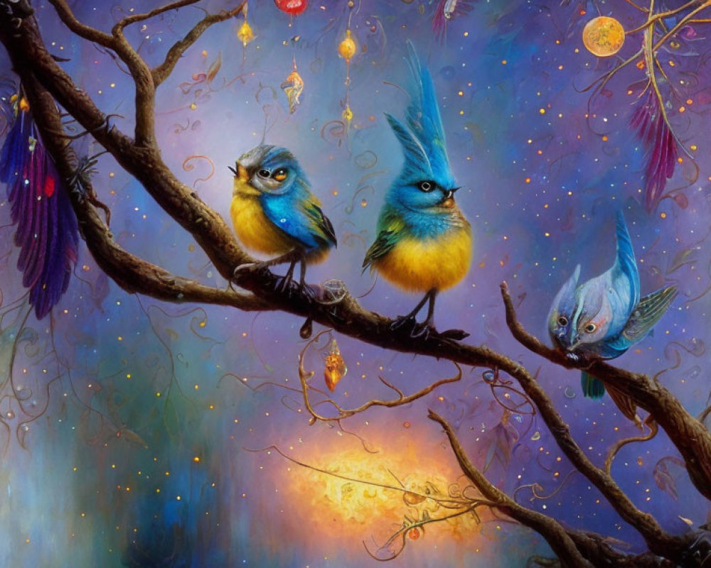 Colorful Birds Perched on Branch in Starry Night with Glowing Ornaments