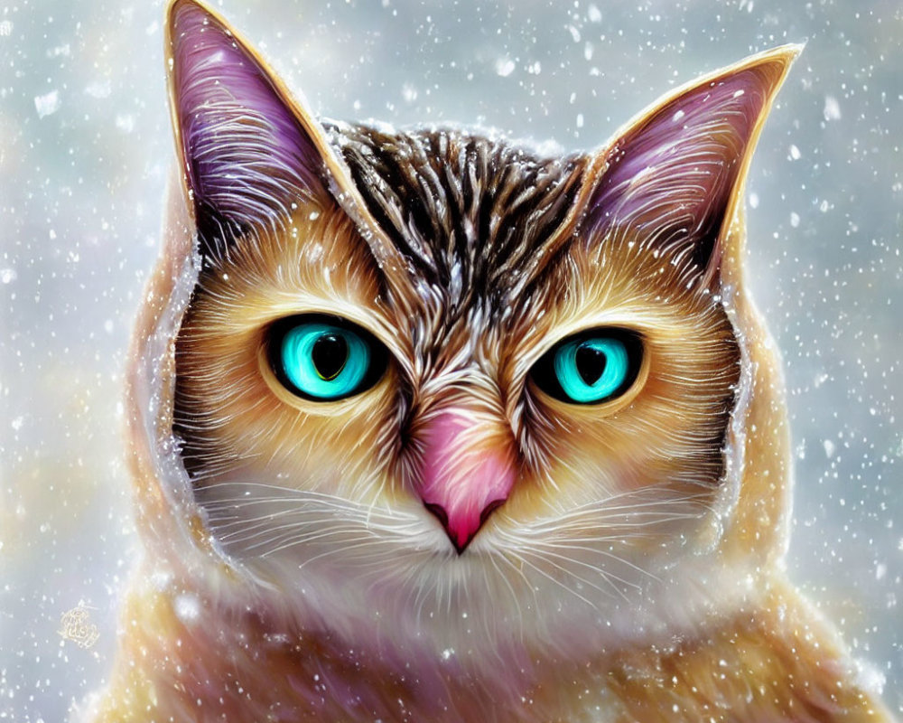 Turquoise-eyed cat digital art with snowy backdrop