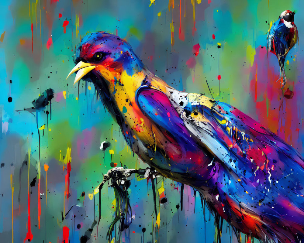 Colorful Bird Artwork with Abstract Paint Drips on Blue Background