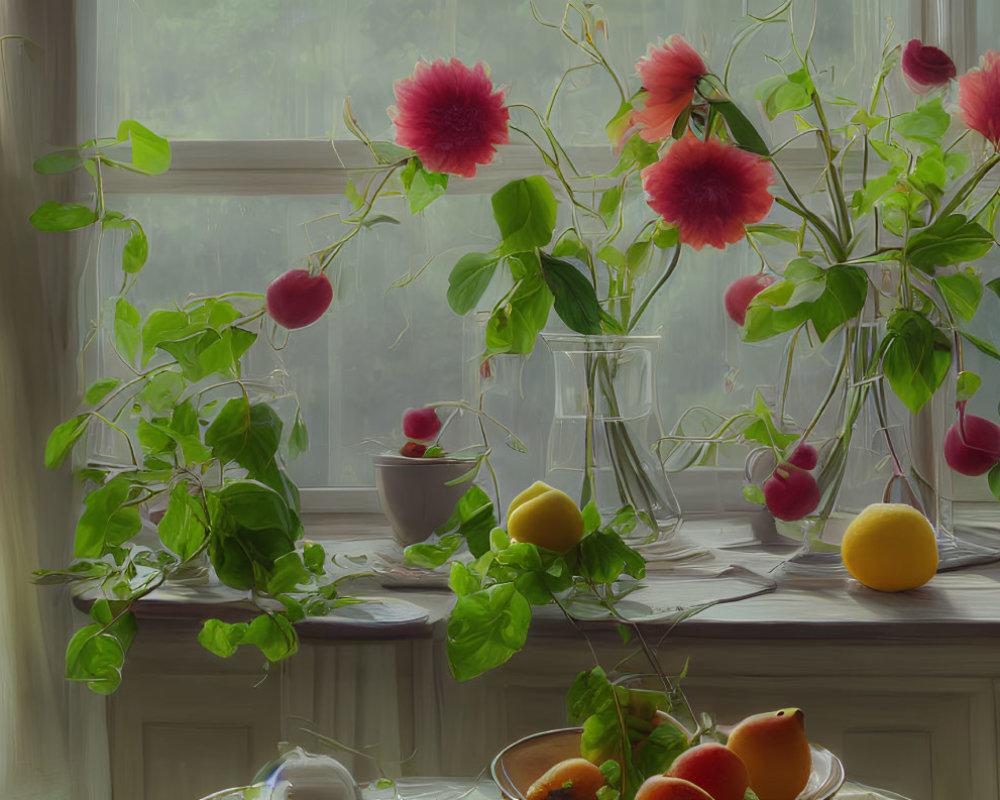 Pink Flowers, Glass Vases, Lemons, and Fruit in Still Life Scene