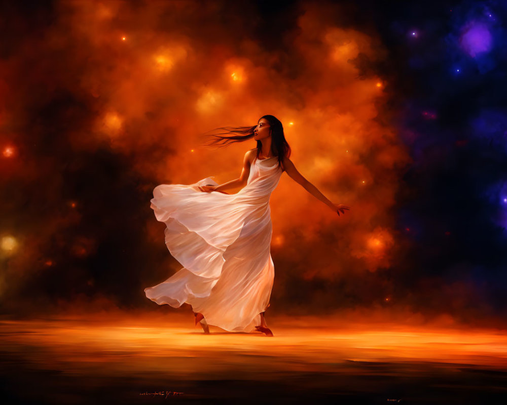 Woman in flowing white dress dances in cosmic nebula backdrop