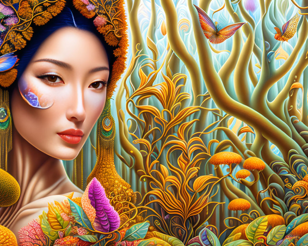 Colorful digital artwork of woman with blue headwear in fantastical forest