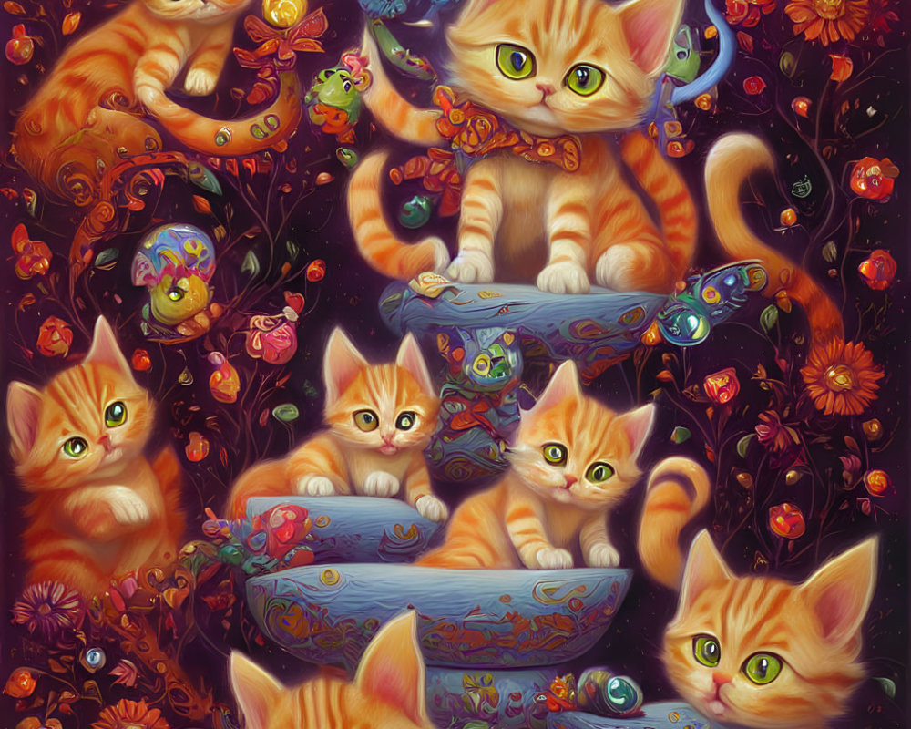 Colorful illustration: Orange tabby kittens with flowers and whimsical creatures