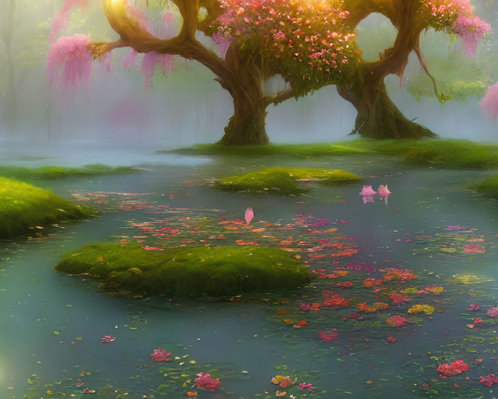 Tranquil Fantasy Landscape with Stream and Flowering Trees