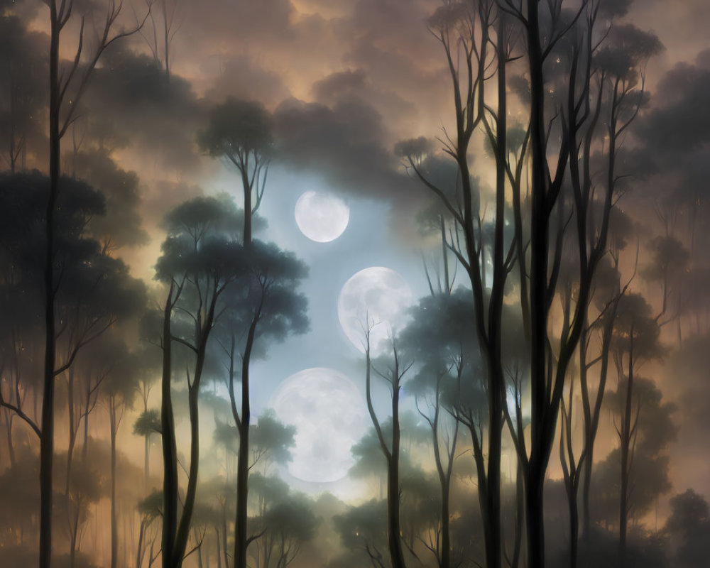 Tranquil night landscape with tall silhouette trees, luminous moon, and soft clouds