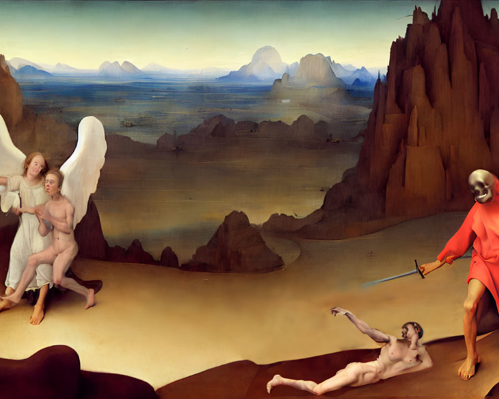 Surreal landscape featuring mountains, winged figure, person carried, figure with sword