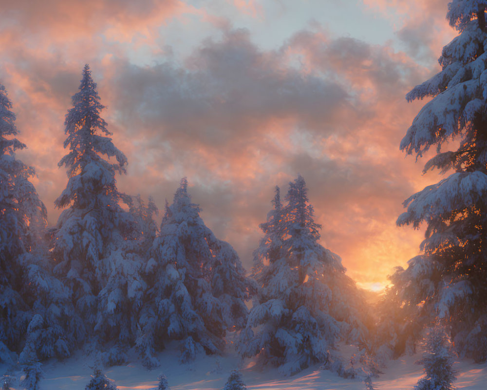 Fiery sunset illuminates snow-covered pine trees