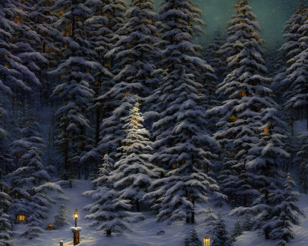 Snow-covered forest with glowing lanterns and Christmas tree