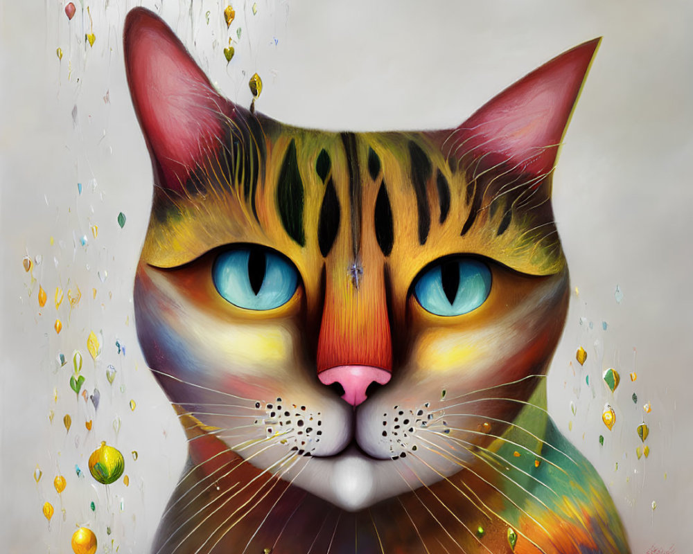 Colorful digital painting of stylized cat with vibrant blue eyes and jungle-like fur pattern.