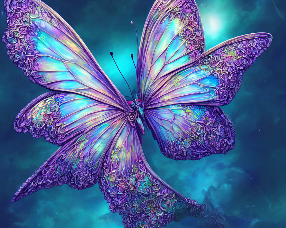 Colorful Butterfly Illustration with Purple and Blue Patterned Wings