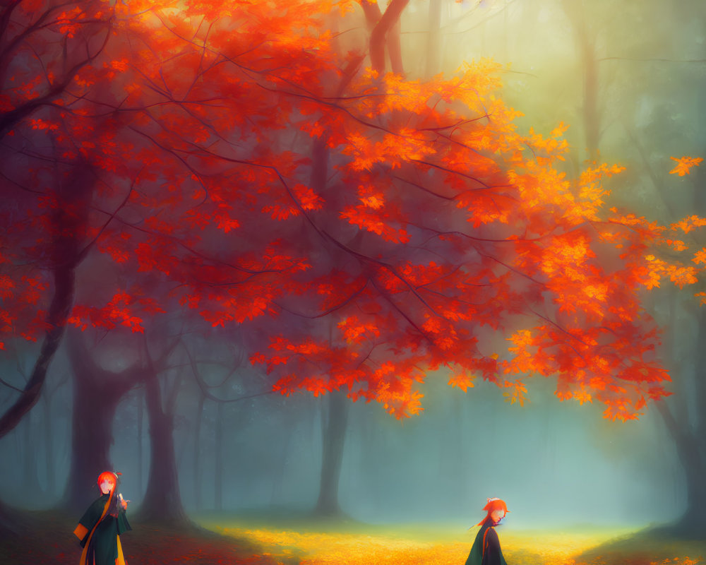 Autumn forest scene with red leaves, glowing light, and two cloaked figures