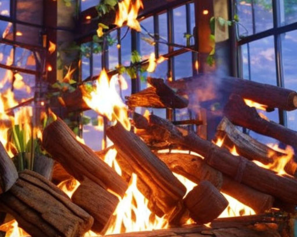 Indoor fireplace with burning logs and wood pile in forest-view room