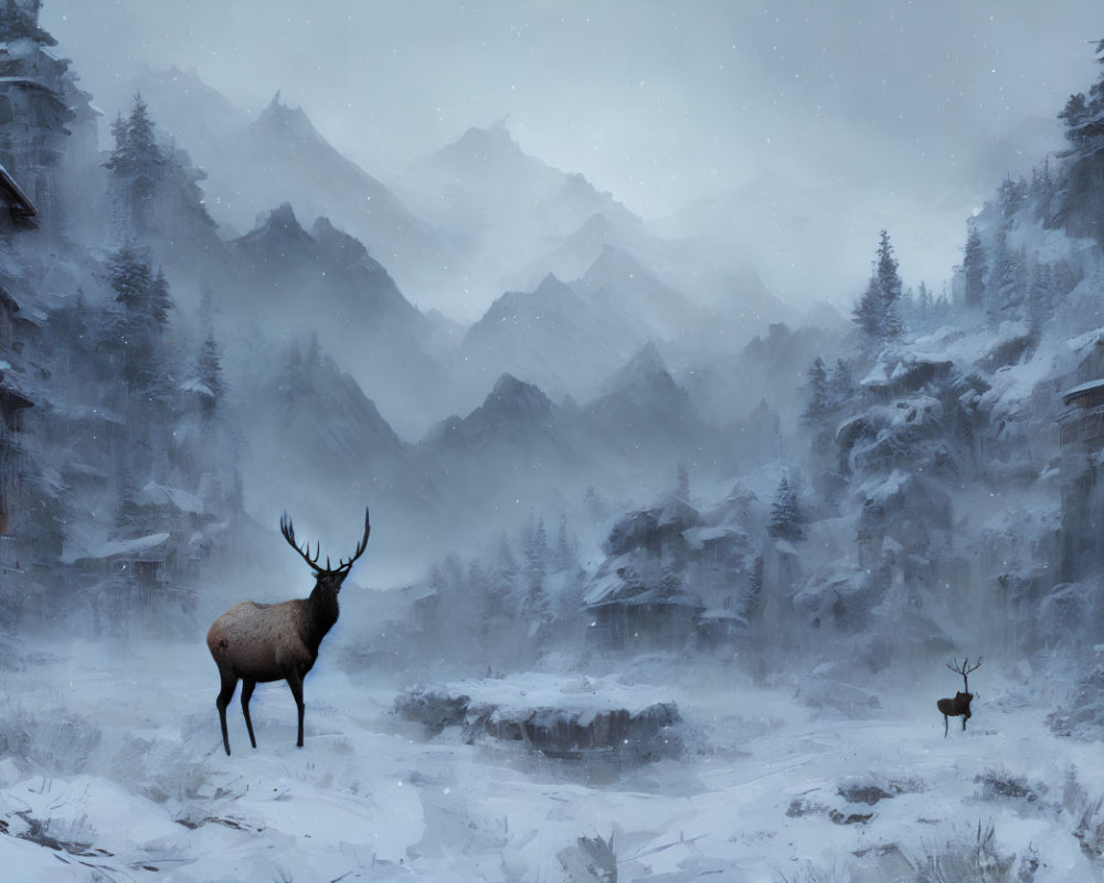 Stag and Doe in Snowy Landscape with Mountains and Pine Trees