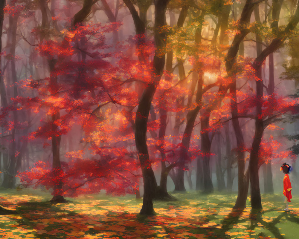 Autumn forest landscape with red leaves, sunlight, and figure in red cloak