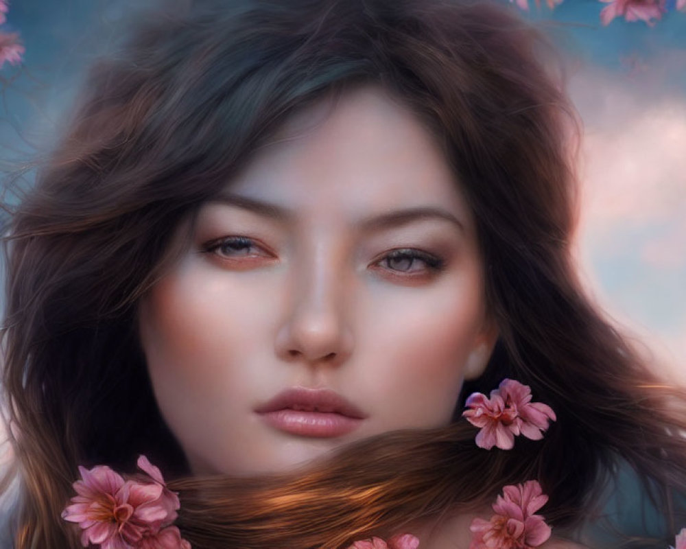 Digital art portrait of woman with flowing hair and pink flowers against cherry blossom background.