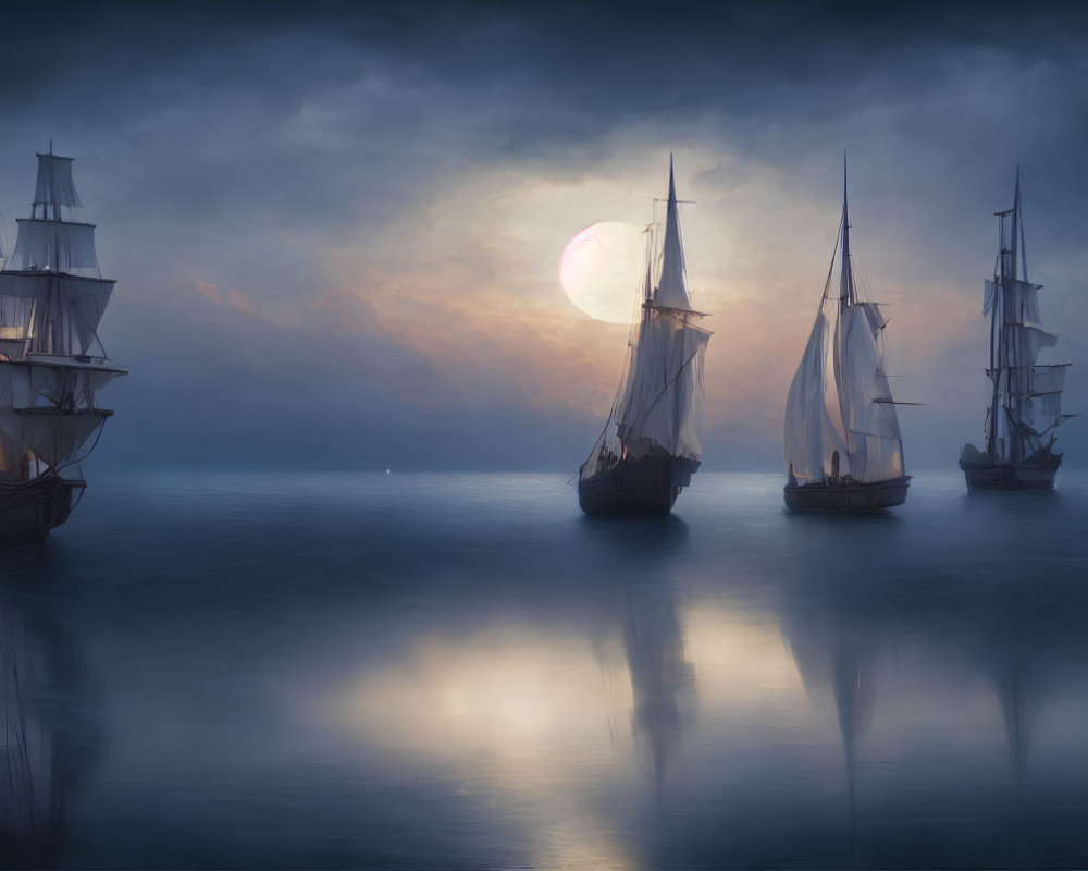 Three tall ships on calm sea with full moon and clouds at dusk