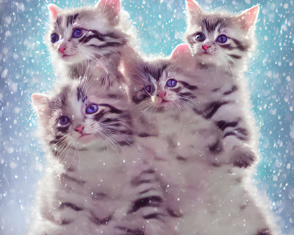 Fluffy kittens in totem pole arrangement on snowy backdrop