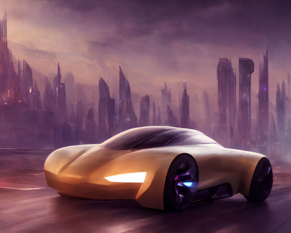 Futuristic car with glowing wheels on city skyline at sunset