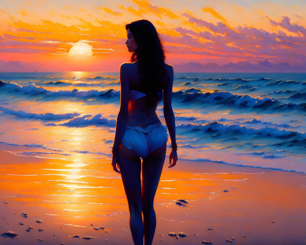 Woman in bikini on beach at sunset with colorful sky and waves