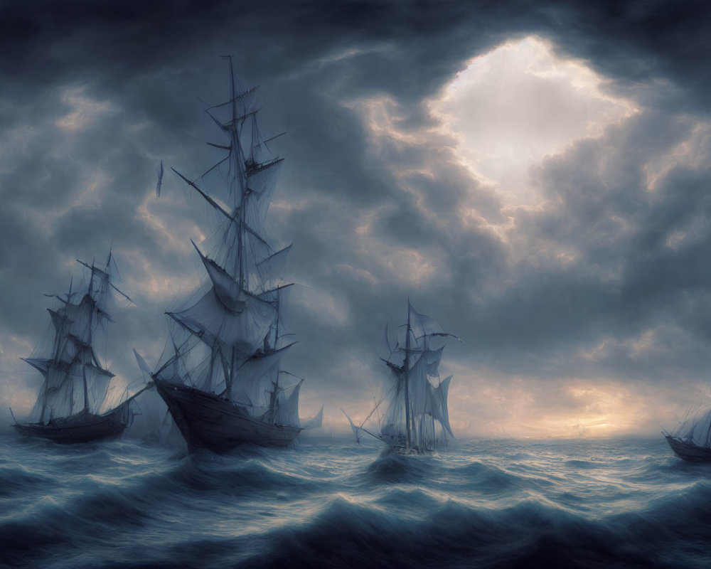 Tall ships sailing turbulent seas under stormy sky with sunlight peeking.