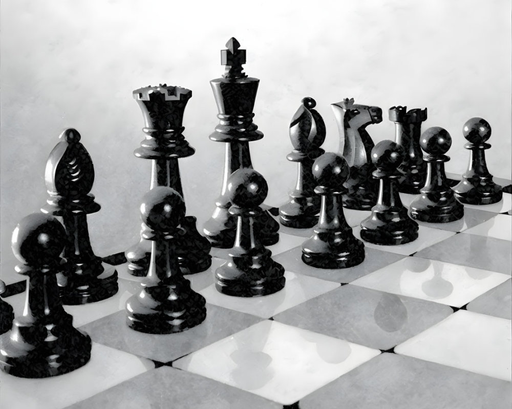 Reflective chessboard with black pieces on blurred background