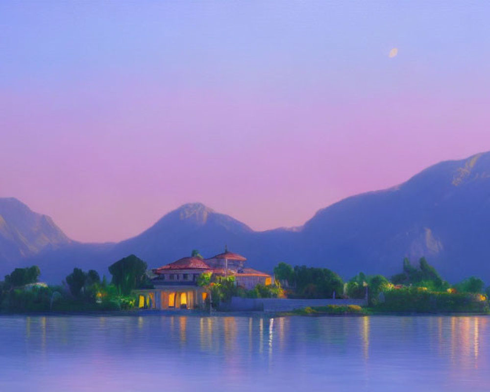 Serene sunset over lake with villa on island surrounded by mountains