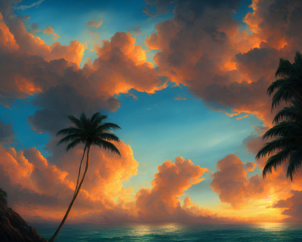 Fiery sunset skies over tranquil sea with silhouetted palm tree