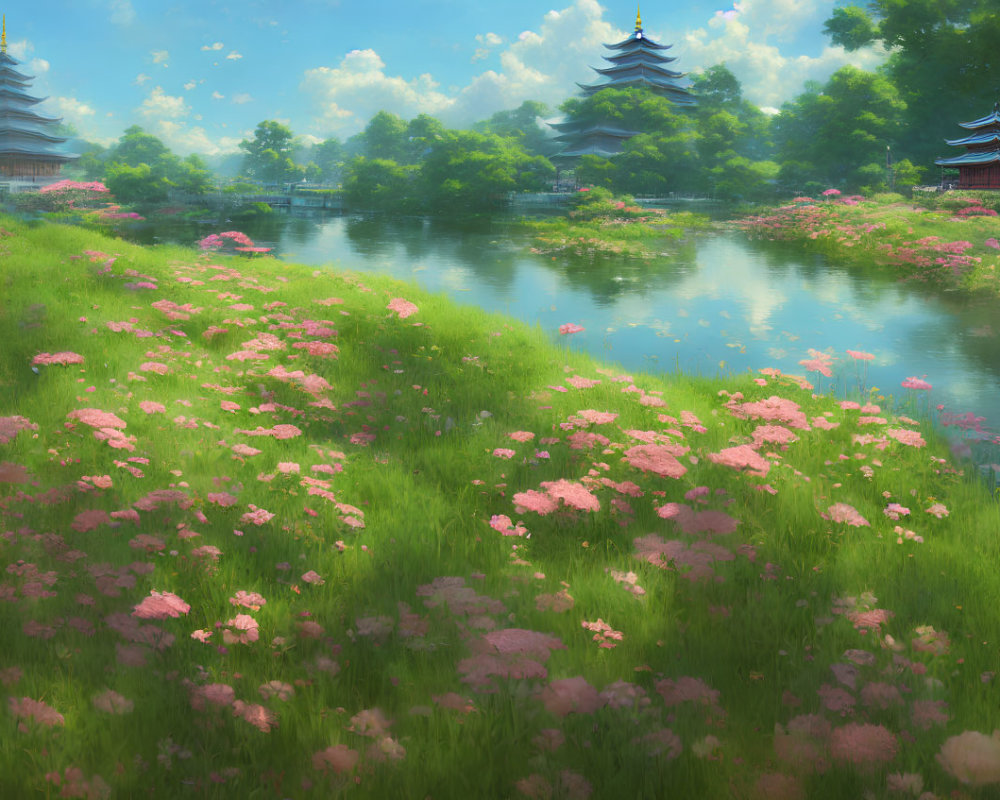 Tranquil Landscape with Pink Flowers, Pond, and Pagoda Buildings