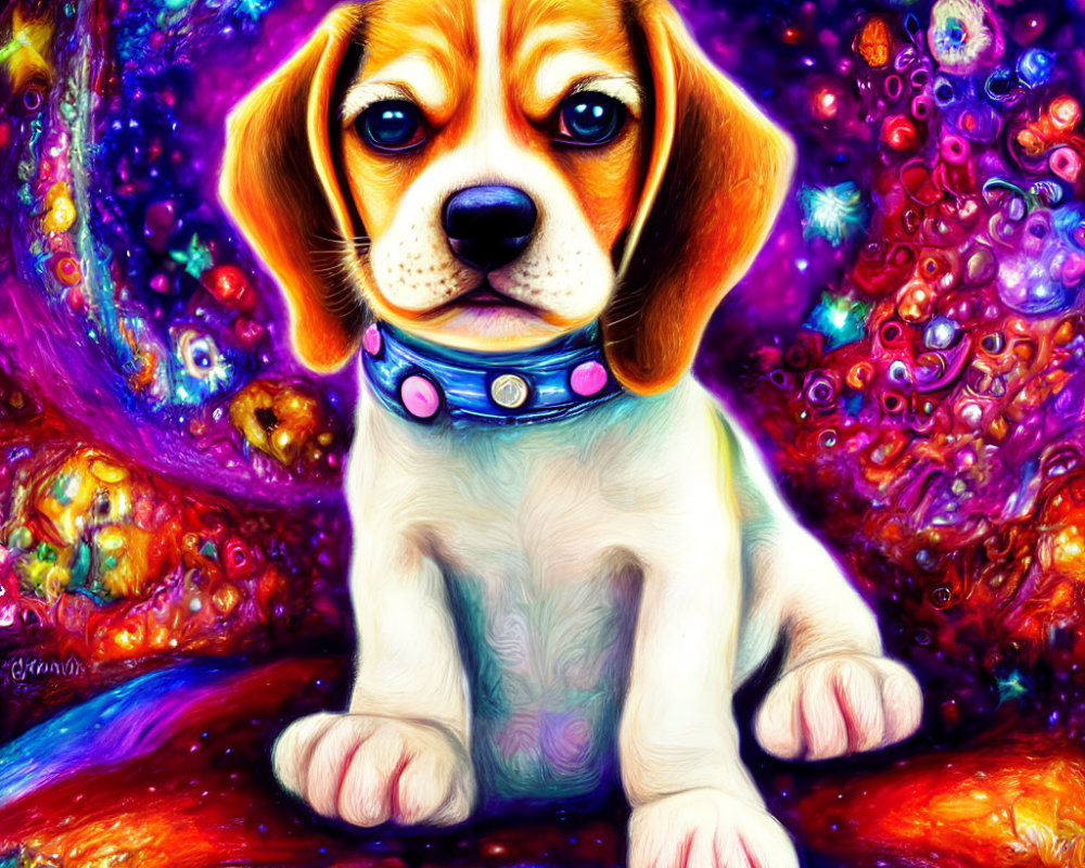 Colorful Beagle Puppy Illustration on Psychedelic Background