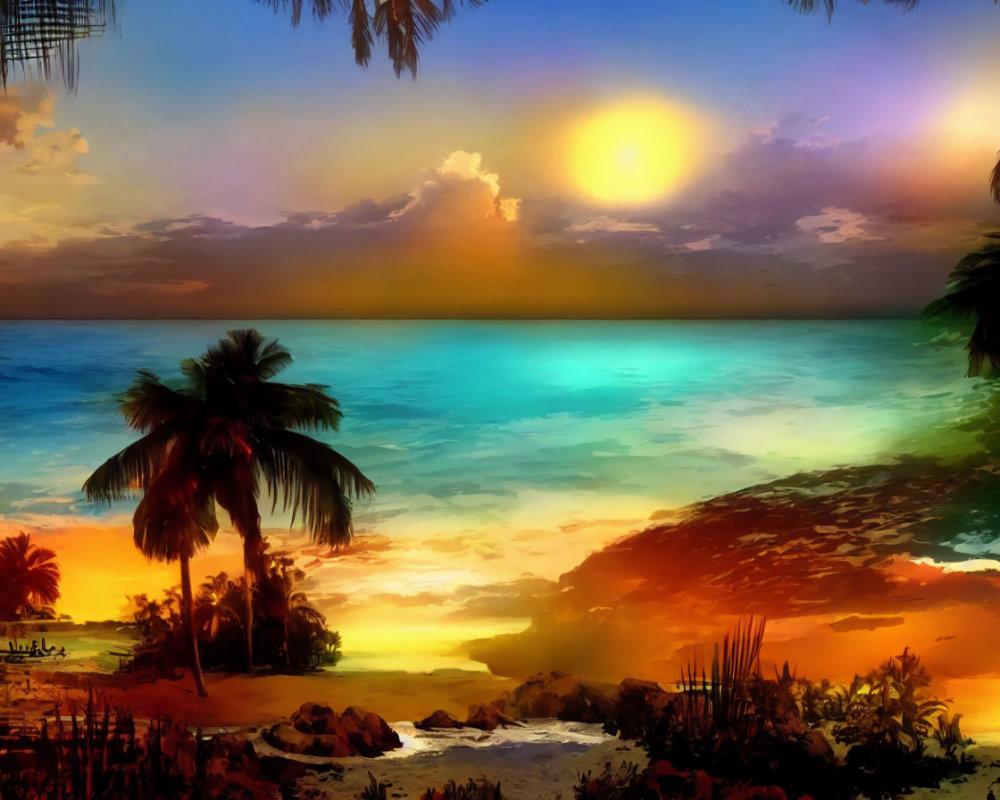 Tropical sunset digital artwork with palm trees and vivid colors