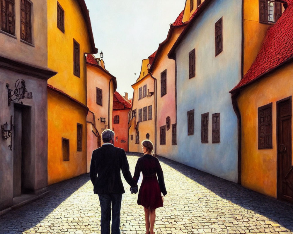 Couple walking on cobblestone street past colorful European buildings