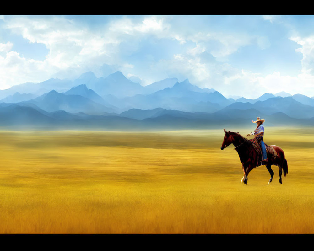 Horseback rider in golden field with foggy mountains