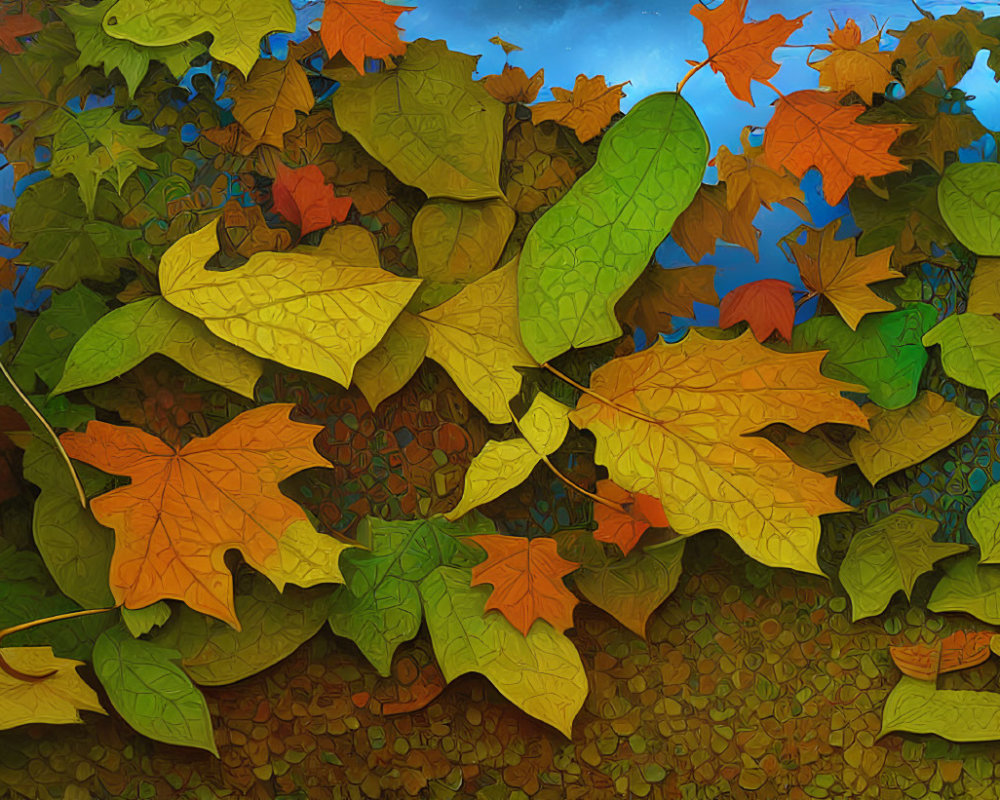 Colorful Autumn Leaves Overlapping on Blue Sky Background