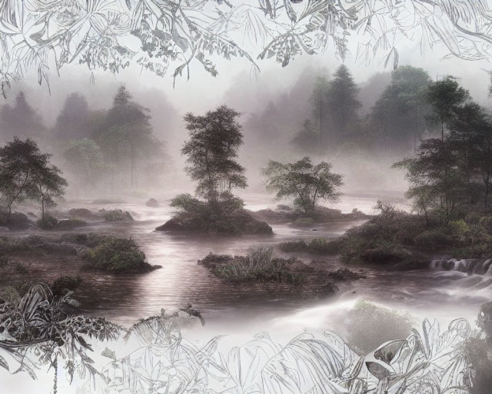 Monochromatic misty river landscape with waterfalls, fog-covered trees, and moon peeking through