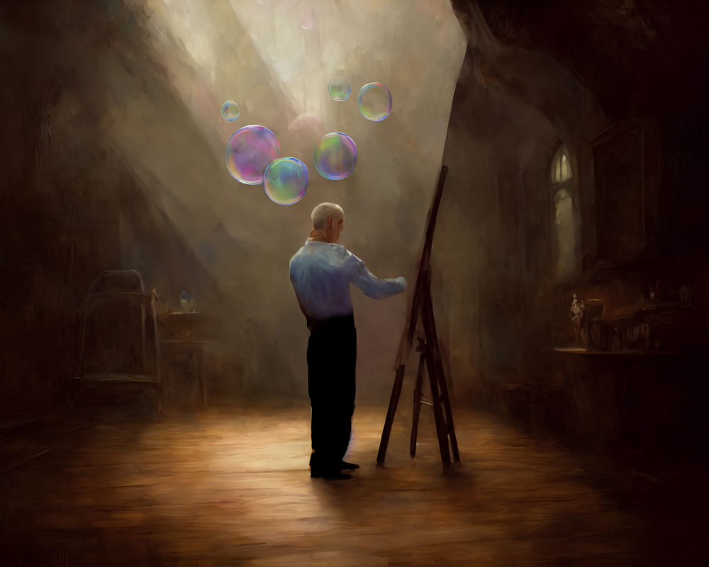 Elderly artist painting in dimly lit studio with colorful bubbles