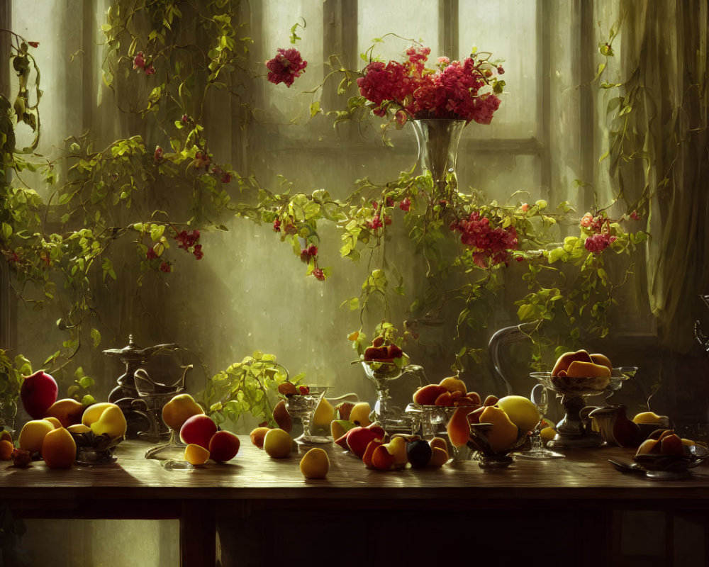 Elegant Still Life: Peaches and Flowers on Wooden Table