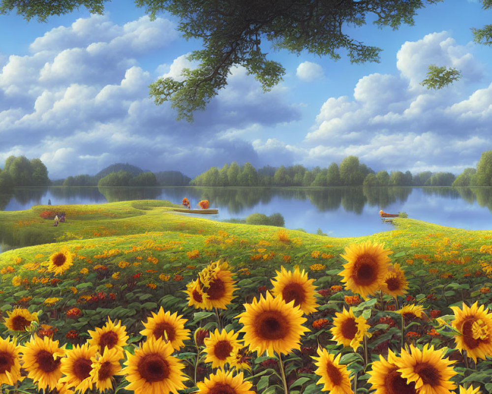 Tranquil landscape with river, sunflowers, trees, and cloudy sky