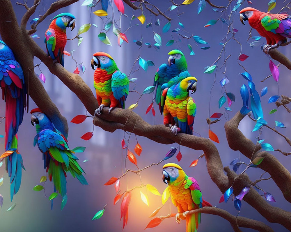 Colorful Parrots Perched on Branches with Vibrant Leaves on Purple Background