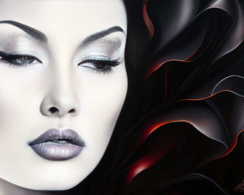 Digital portrait of woman with dramatic makeup and abstract black and red elements.