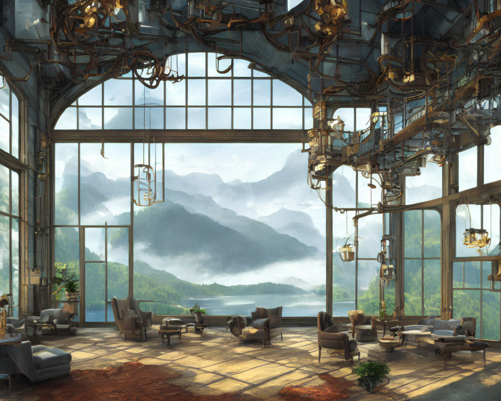 Sunlit Steampunk-Inspired Conservatory with Lake View