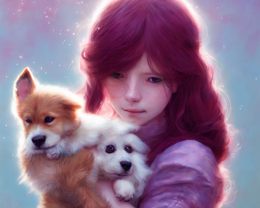 Girl with Wavy Purple Hair Holding Two Puppies in Dreamy Pastel Setting