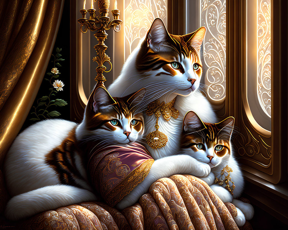 Regal cats with intricate markings and jewelry lounging by a window