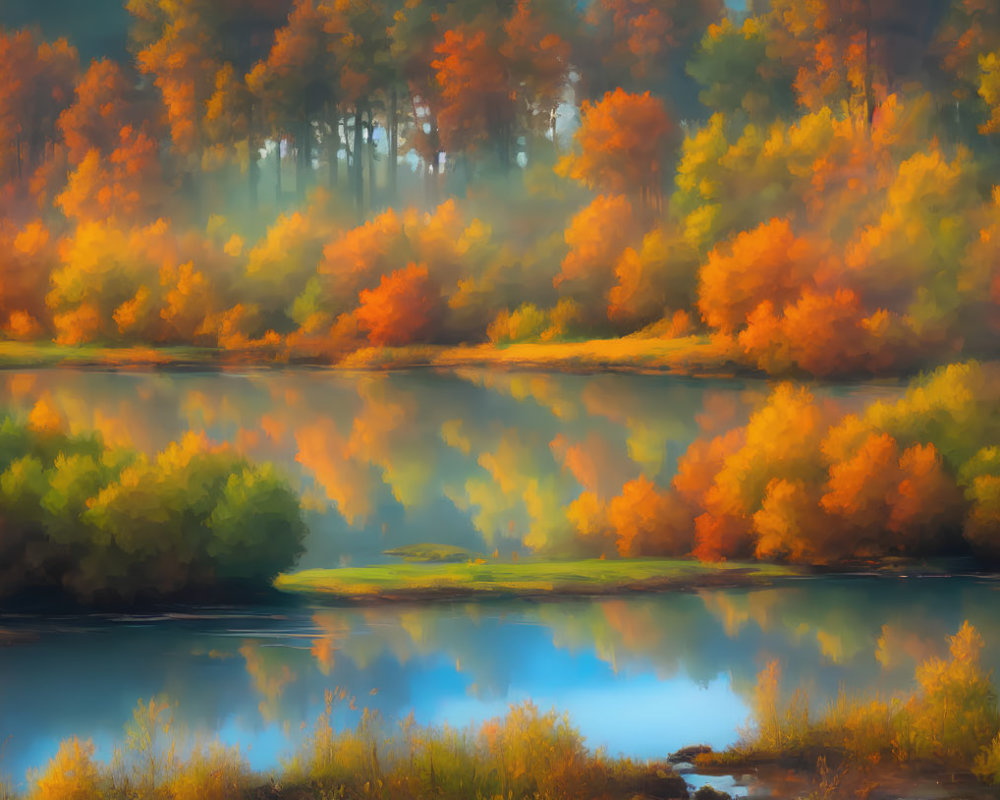 Tranquil autumn landscape with vibrant trees reflected in a calm lake