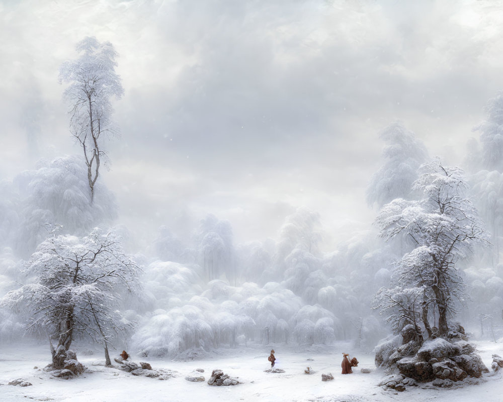 Snowy forest scene with mist and people in warm clothing sitting on the ground