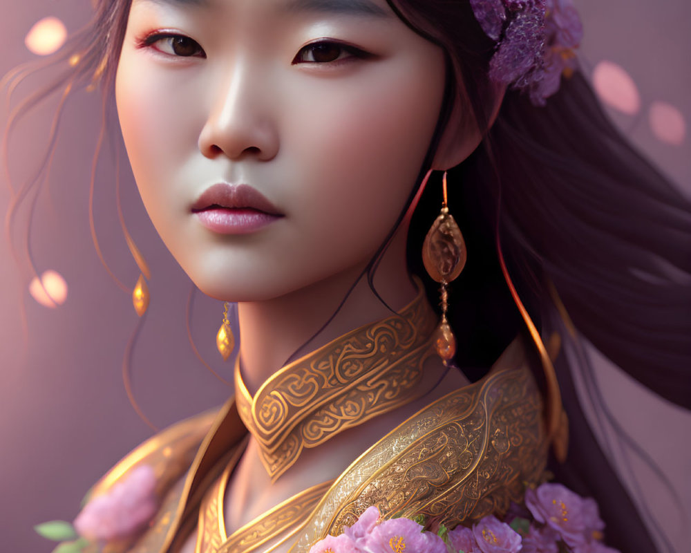 Illustrated woman in gold and purple attire with jewelry and headpiece, surrounded by purple flowers.