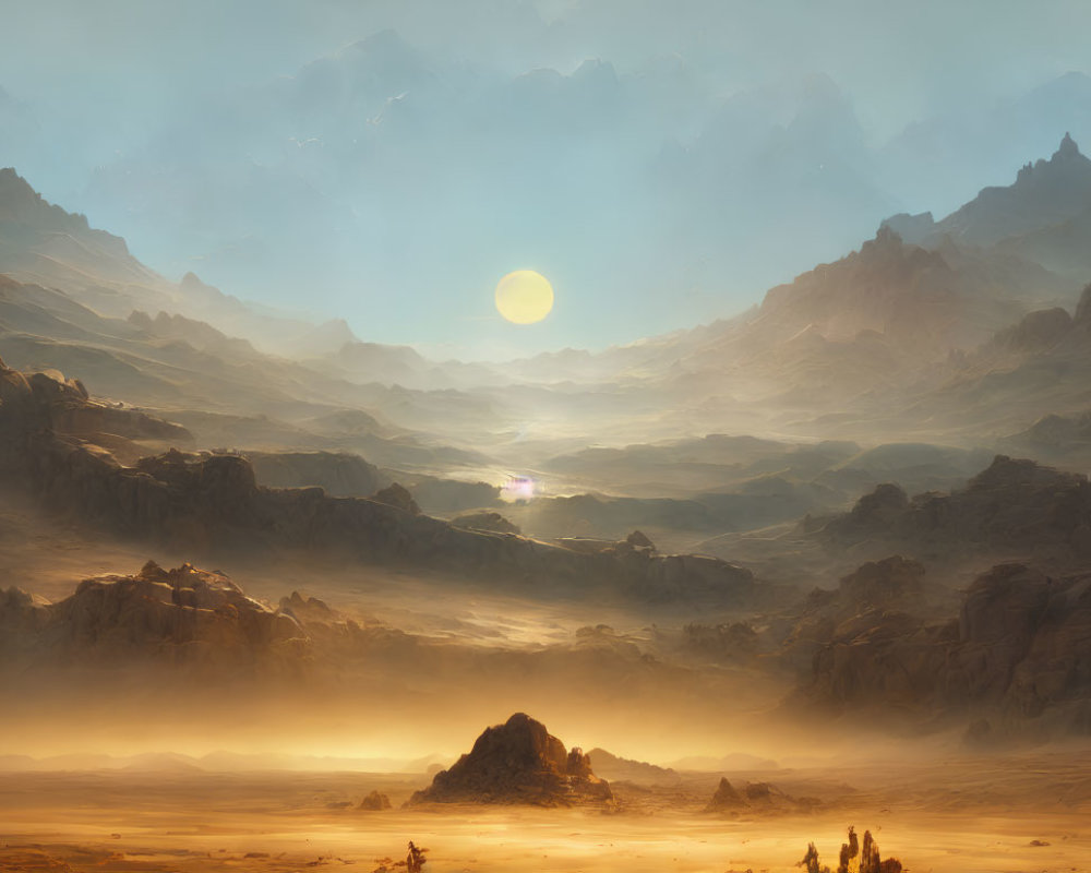 Golden sunrise over rugged mountains and tranquil desert landscape.