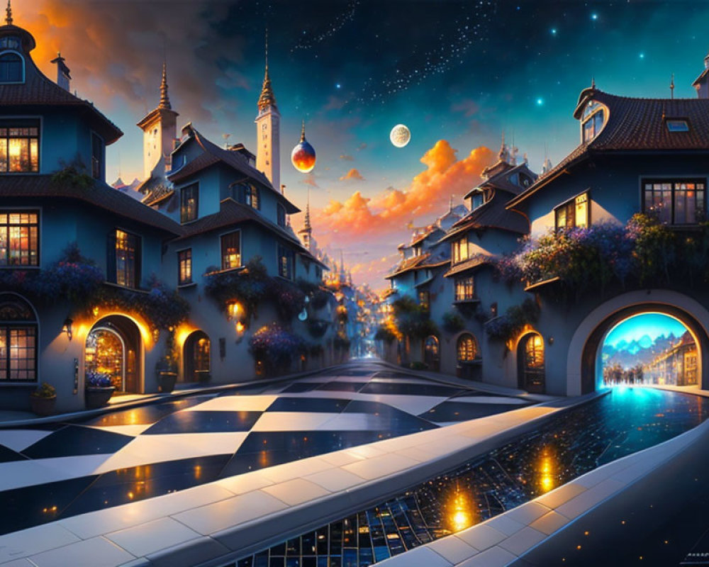 Whimsical starlit village with checkerboard streets and glowing moon