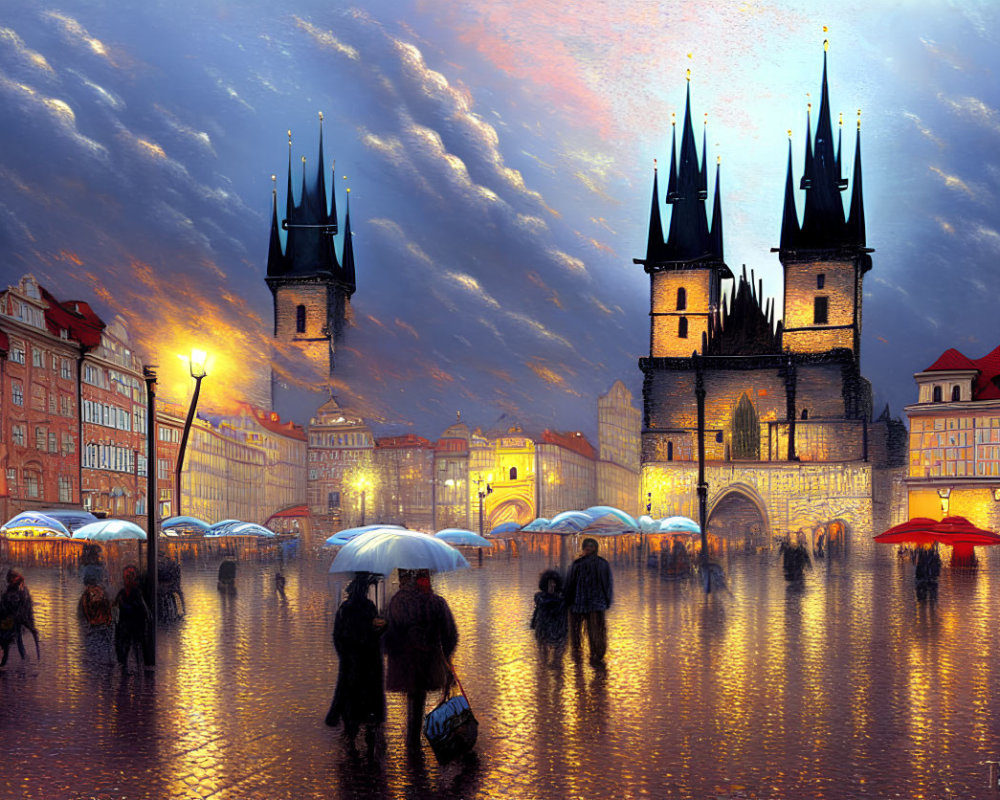 Rainy Evening in Crowded Square with Umbrellas and Historic Buildings