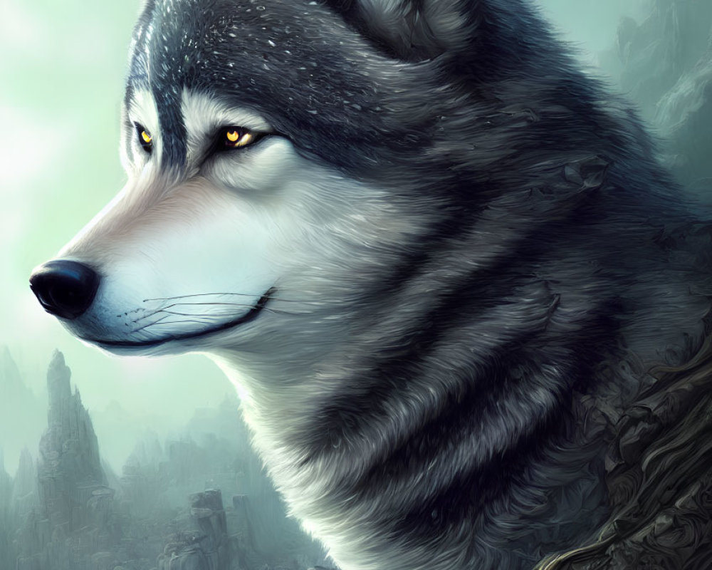 Detailed digital painting of majestic grey wolf in misty rocky landscape