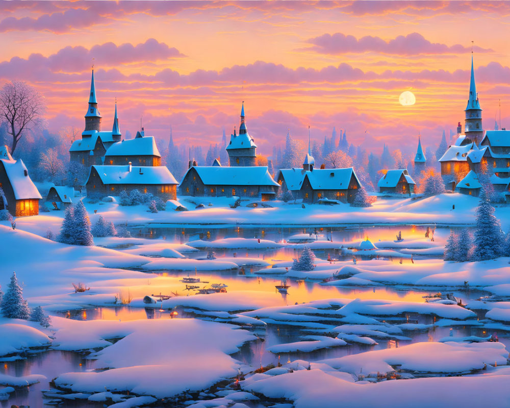 Snow-covered winter village at sunset with frozen river and church spires